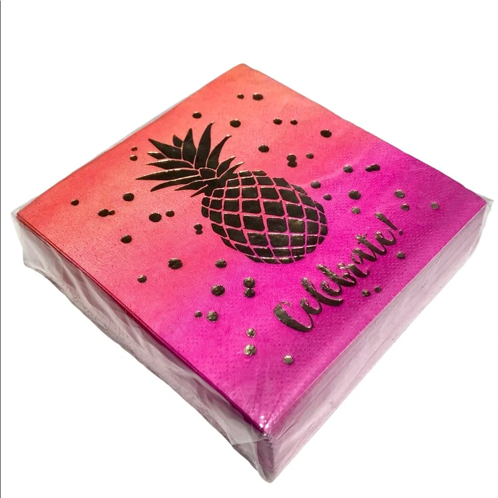 Clementine Paper Gold Foil Pineapple Cocktail Beverage Napkins (621029), 40 ct